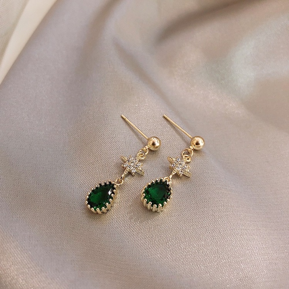 18K Gold Plated Teardrop Shape Green Emerald Dangle Drop Earrings for Women - Picture 3 of 5